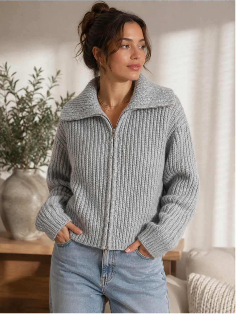 H&M Divided Zip-Through Rib-Knit Cardigan – Light Gray Melange – Size M